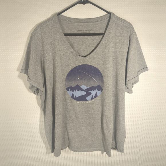 Life is Good Women’s 3XL Gray Crusher Tee Shirt Moon Mountain Graphic V-Neck - Picture 1 of 4
